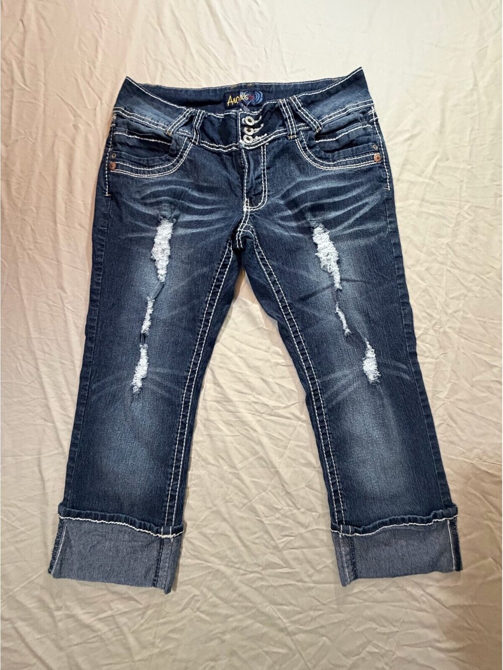 Angels Women Size 13 Distressed Capri Jeans Dark Wash Cuffed Contrast Stitch Y2K
